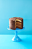 Triple chocolate caramel cake, sliced, on a cake stand