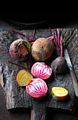 Whole Beets, and yellow and Chioggia beets cut in half
