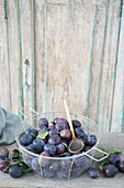Plums in wire basket, with a wooden spoon