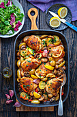 Chicken bake with potatoes, mushrooms and veggies