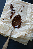 Löffel mit flüssiger Schokolade auf Papier