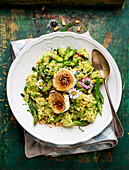 Wild garlic and asparagus risotto with goat cheese and pine nuts