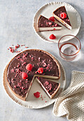 Cheesecake with chocolate and raspberries
