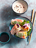 Spring rolls with a vegetable filling with peanut sauce