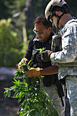 Officer and National Guardsman inspecting marijuana
