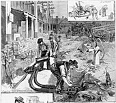 Electric wires being installed, 19th century illustration