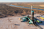 Oil drilling rig on the Pecos River, USA, aerial photograph