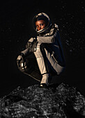 Astronaut sitting on a rock, illustration