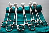 Surgical scissors with swabs in an operating theatre
