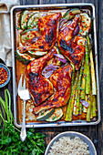 Grilled chicken with asparagus and courgettes
