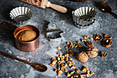 Christmas baking - baking ingredients, baking tins, rolling pin and cookie cutter