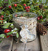 Bird food in a jar and bird cookie cutter filled with coconut oil and grains