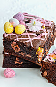 Brownies with mini sugar eggs (close up)