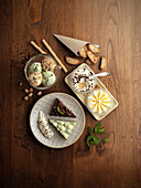 Assorted ice cream desserts served with cantuccini in a paper cone