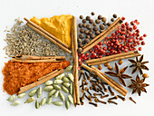 Various spices arranged in a fan shape and divided by cinnamon sticks