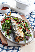 Baked mackerel with green salad mix