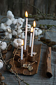 Vier Stabkerzen in Zimt-Kerzenhalter mit Lärchenzweige und Baumwolle