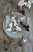 Napkin decoration with fir tree made of cotton, cinnamon sticks and larch twigs with place cards