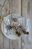 Napkin decoration with cutlery, star, and larch twig with a place card
