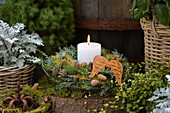 Kranz aus Koniferengrün und Lärchenzweigen, dekoriert mit einer Kerze