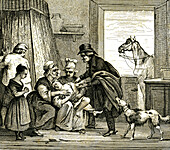 Doctor treating a sick child, illustration
