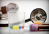 Stethoscope and vaccine vials