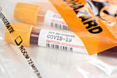 Coronavirus covid-19 blood test tubes in biohazard bag
