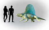 Artwork of humans compared to Dimetrodon