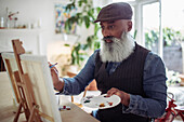 Man with beard painting at easel