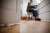 Labradoodle dog laying below woman working from home