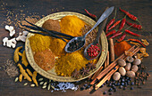 Different spices on a plate and in the background
