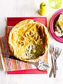 Chicken pie with leek and puff pastry topping