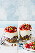 Breakfast yoghurt cups with honey, chocolate cereal balls, plain Greek yoghurt and stawberry tarragon salad with honey lemon dressing