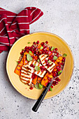 Buckwheat grilled carrots grilled halloumi pomegranate seeds basil leaves