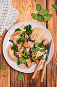 Dumplings with ricotta spinach and salmon