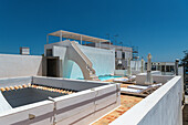 Roof terrace with swimming pool in holiday complex, Olhao, Faro, Portugal