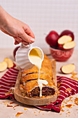 Apple and cherry strudel with vanilla sauce