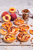 Vanilla cream tartlet with caramelized peach and walnuts