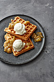 Japanese knotweed and hibiscus compote with yoghurt ice cream and waffles