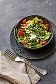 Asparagus salad with egg vinaigrette and Heidemilch cheese