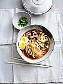 Udon in shiitake dashi with radish, spring onions, miso and egg