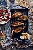 Grilled teriyaki aubergines with red chicory and tomatoes