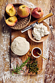 Ingredients for pizza with grilled peach and ricotta