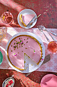 Panna cotta tart with pistachios and rose liqueur