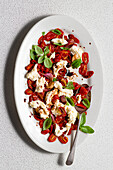 Salad from roasted cherry tomatoes with roasted garlic, mozzarella, basil and balsamic vinegar