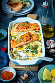 baked salmon with creamy spinach and couscous