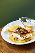 Roasted cod with brown shrimp and parsley sauce