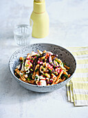 Oriental pasta salad of chickpea pasta with figs