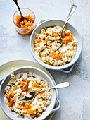 Sweet milk noodles with apricot compote and cinnamon butter