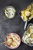 Milk-cream ice cream with violets, mint, oranges, saffron and almonds